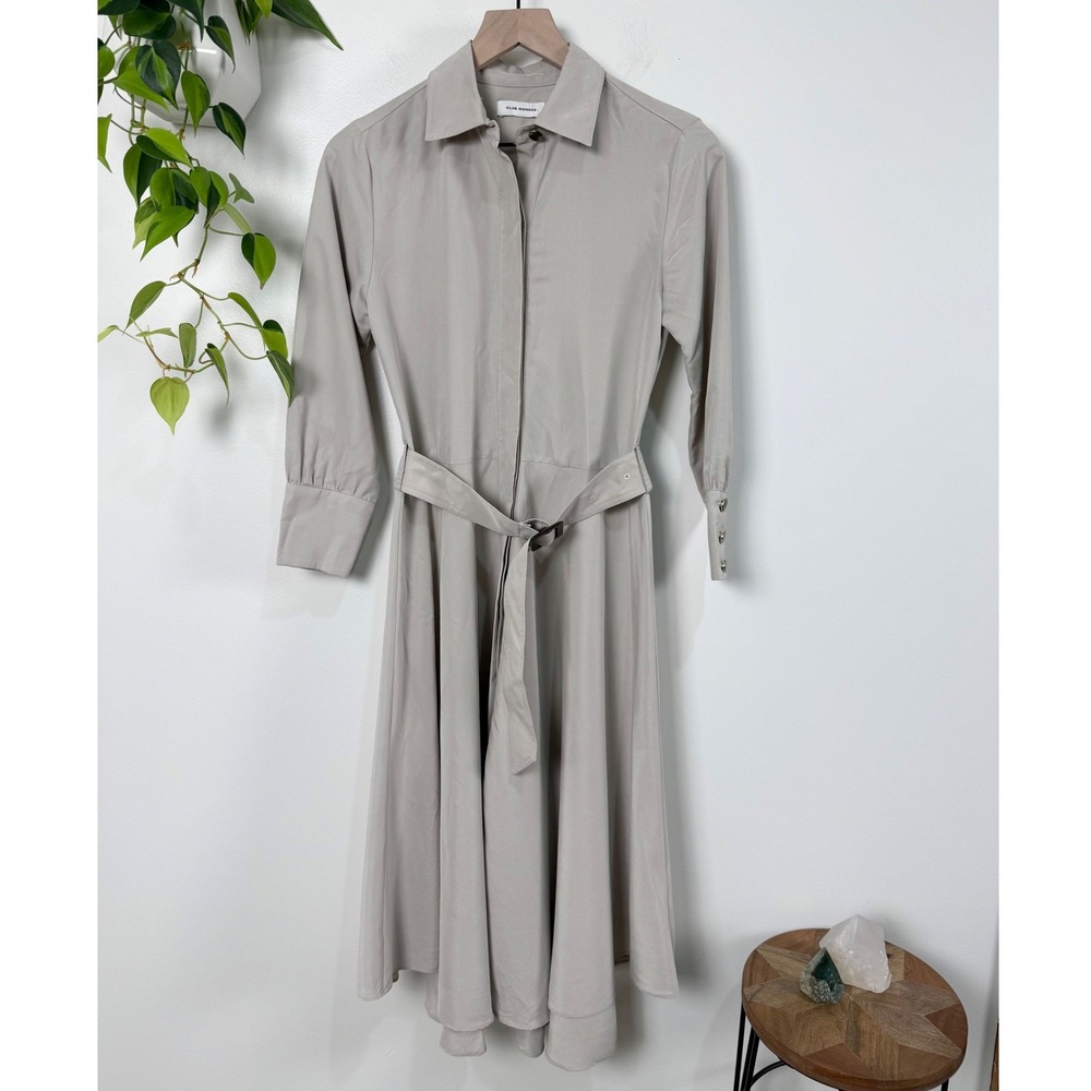 Club Monaco Taupe Belted Midi Shirt Dress 3/4 Sleeve Button Front S Minimalist